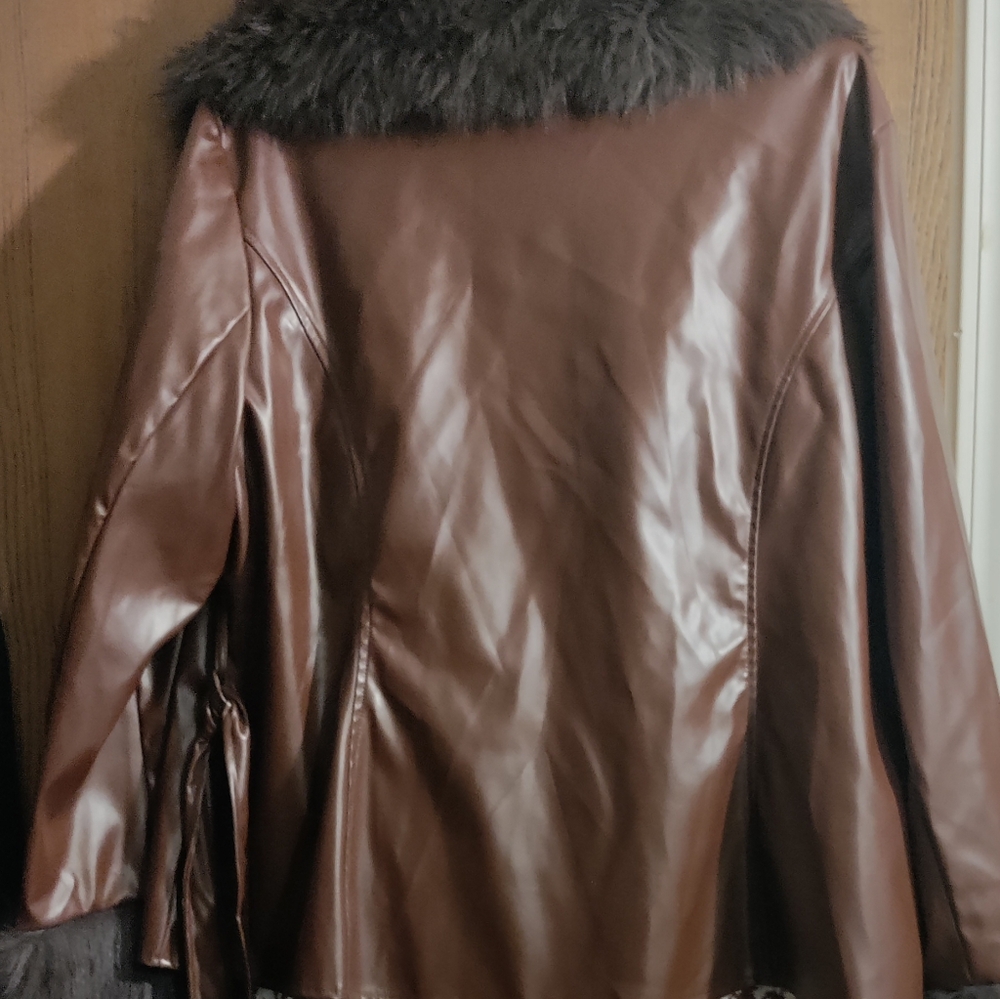 SHEIN Chocolate Leather Jacket with Faux Fur Trim